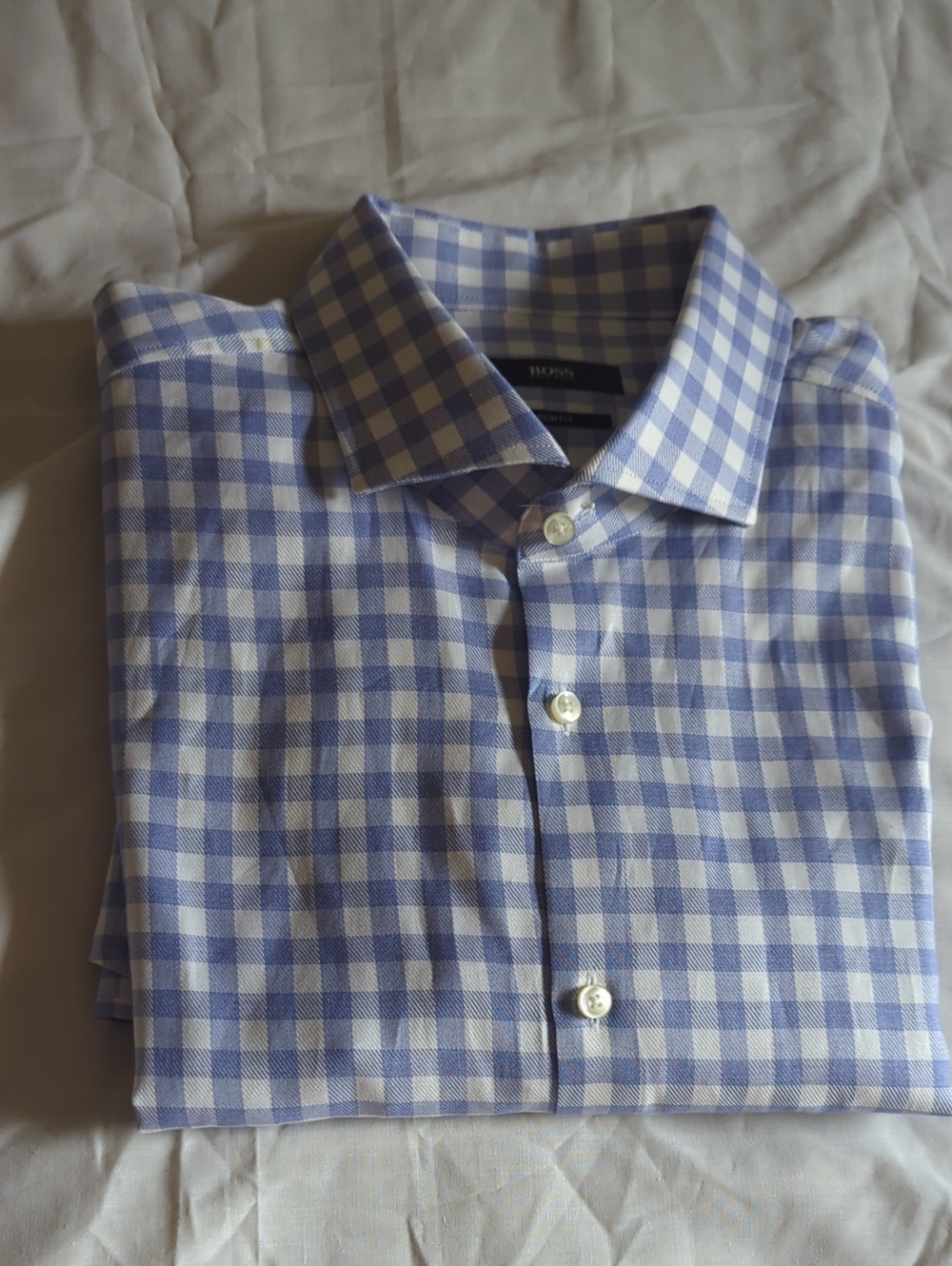 Boss Blue Silm Fit Check Botton Front Dress Shirt Size 44/ 17.5